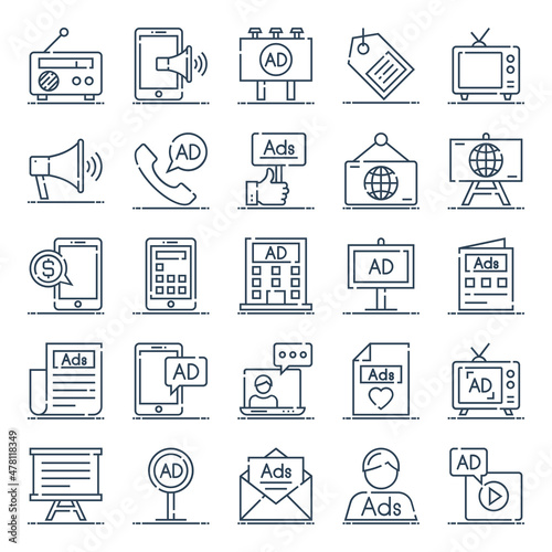 Outline icons for advertising and media.