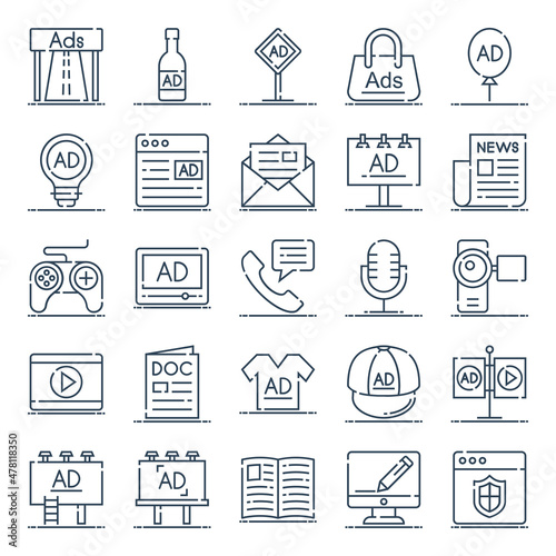 Outline icons for advertising and media.