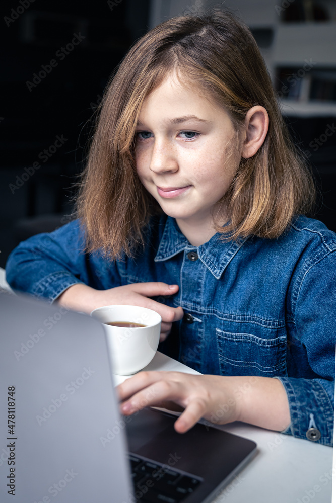 Teen girl sits in front of a laptop, online learning. Teen girl sits in front of a laptop, online learning.