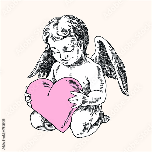 Engraving cupid with a big heart.