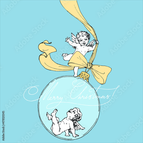 Two cupids plaing with the tree toy.