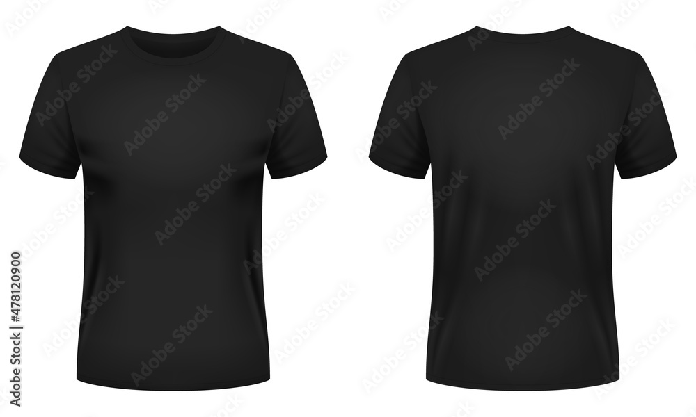 Blank black t-shirt template. Front and back views. Vector illustration. - obrazy, fototapety, plakaty 