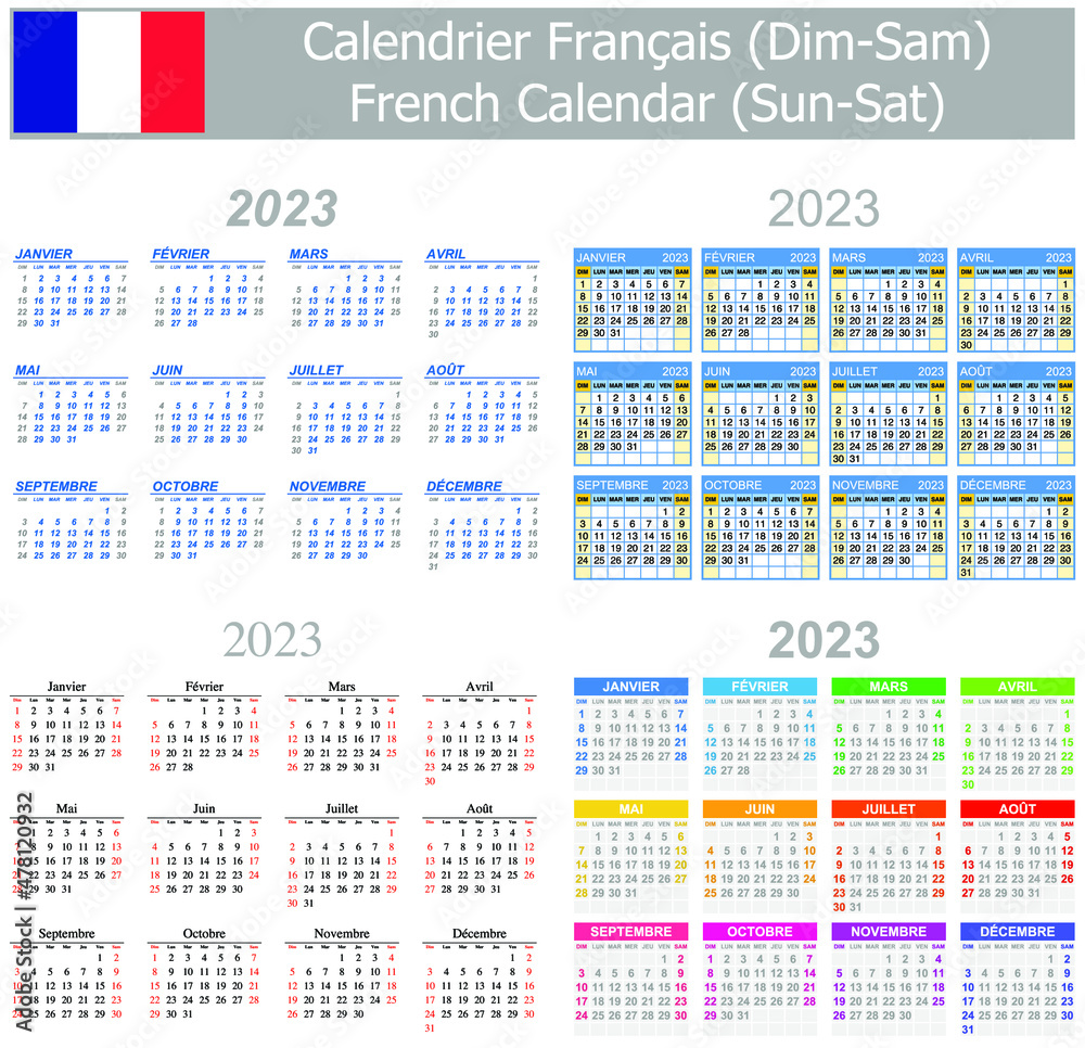 2023 French Mix Calendar Sun-Sat on white background 2023 French Mix Calendar Sun-Sat on white background