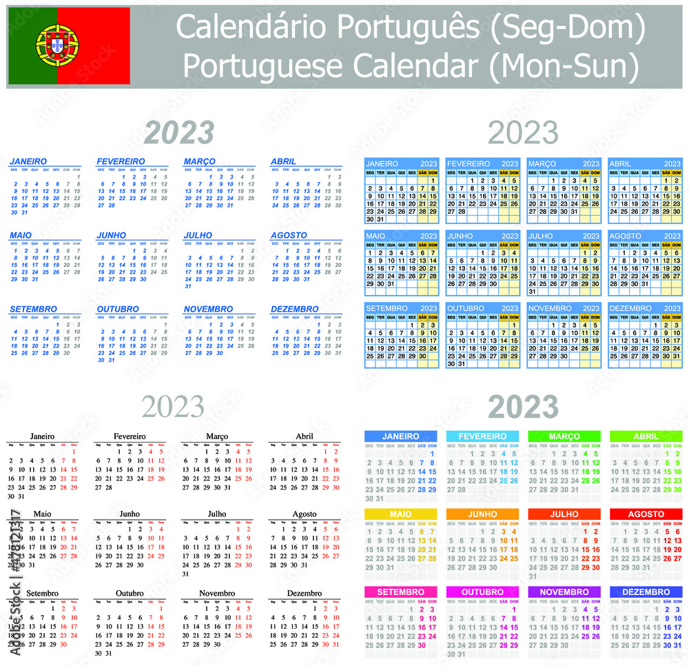 2023 Portuguese Mix Calendar Mon-Sun on white background 2023 Portuguese Mix Calendar Mon-Sun on white background