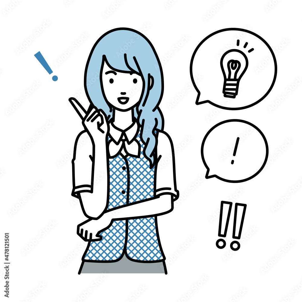 立って素晴らしいアイデアをひらめいた事務員制服の女性 フキダシに電球と感嘆符のセット 立って素晴らしいアイデアをひらめいた事務員制服の女性 フキダシに電球と感嘆符のセット