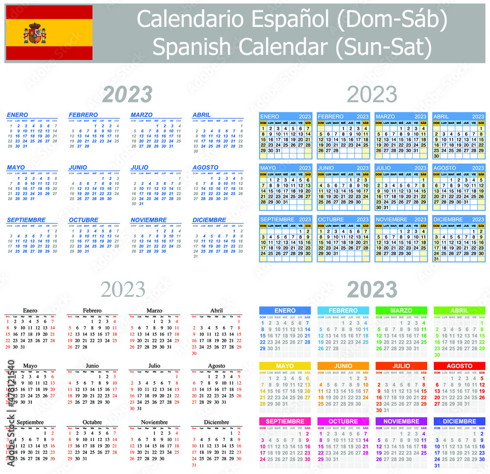 2023 Spanish Mix Calendar Sun-Sat on white background 2023 Spanish Mix Calendar Sun-Sat on white background