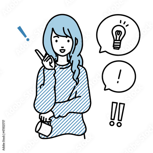 立って素晴らしいアイデアをひらめいたリモートワークの女性 フキダシに電球と感嘆符のセット