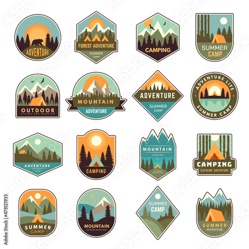 Summer camp badges. Mountain exploring labels outdoor adventure of scout in forest nature emblem recent vector templates set isolated