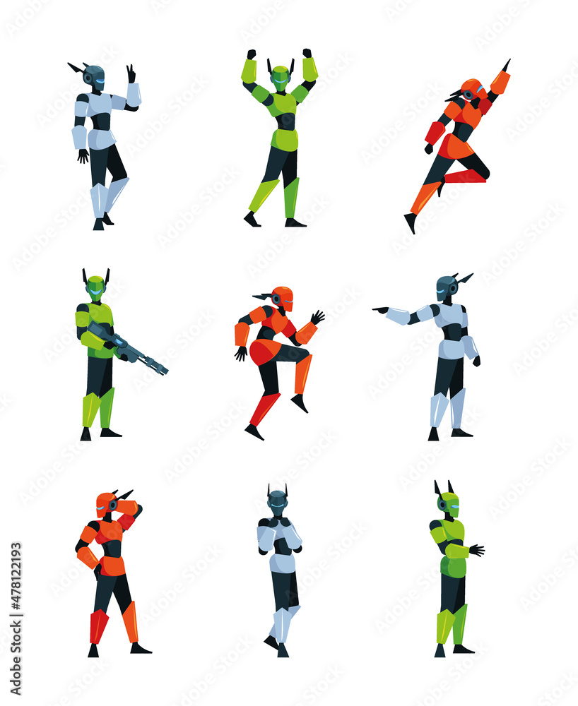 Robotic human. Humanoid in action poses scifi smart technological person in steel armor garish vector robotic character Robotic human. Humanoid in action poses scifi smart technological person in steel armor garish vector robotic character