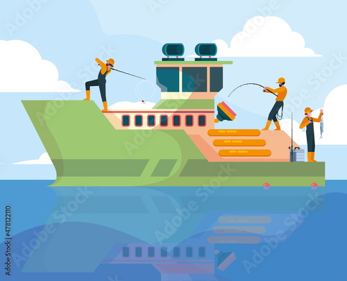 Fishing vessel background. Sailors characters outdoor hobby activities in river or sea garish vector fisherman in cartoon style