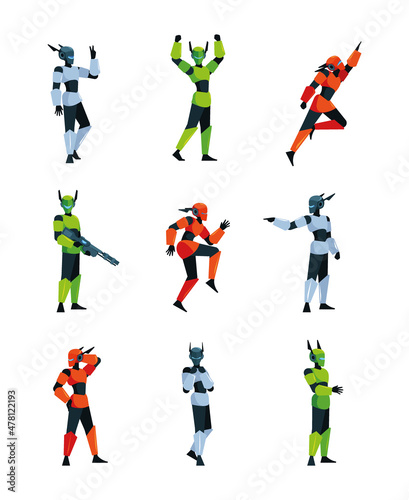 Robotic human. Humanoid in action poses scifi smart technological person in steel armor garish vector robotic character