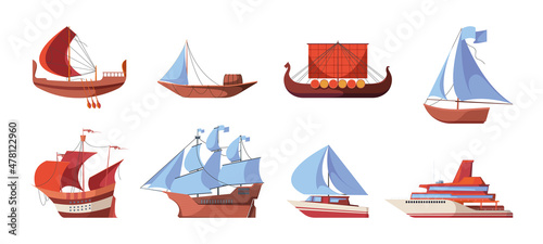 Water vessel evolution. Sea yacht naval ship cruise vessel history marine boats and warships garish vector flat colored illustrations