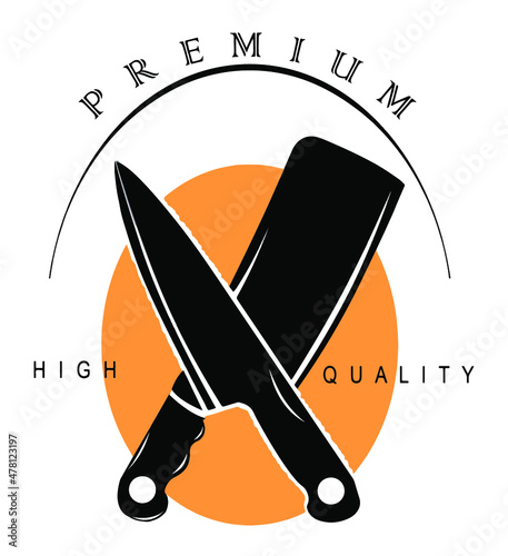 The two knives are crossed with each other. Black silhouette of two knives. Concept: culinary battle, duel in the kitchen. Vector illustration, flat minimal cartoon dark design isolated