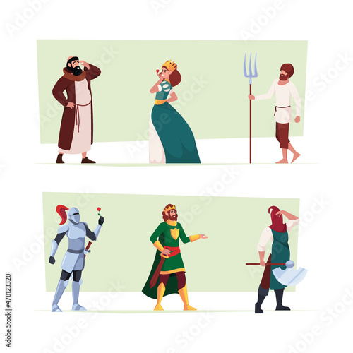 Historic characters. Medieval fantasy knights princess royal queen fairytale kingdom persons garish vector authentic historical costumes
