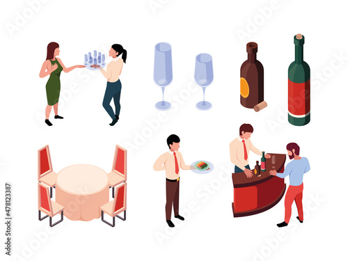 Catering service. Banquet event outdoor celebration party restaurant waitress garish vector caters isometric illustration