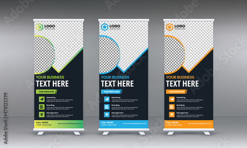 Corporate rollup banner, pull up, business flyer, display, x-banner, and flag-banner Set for your business, company and restaurant with blue, red, yellow, green color