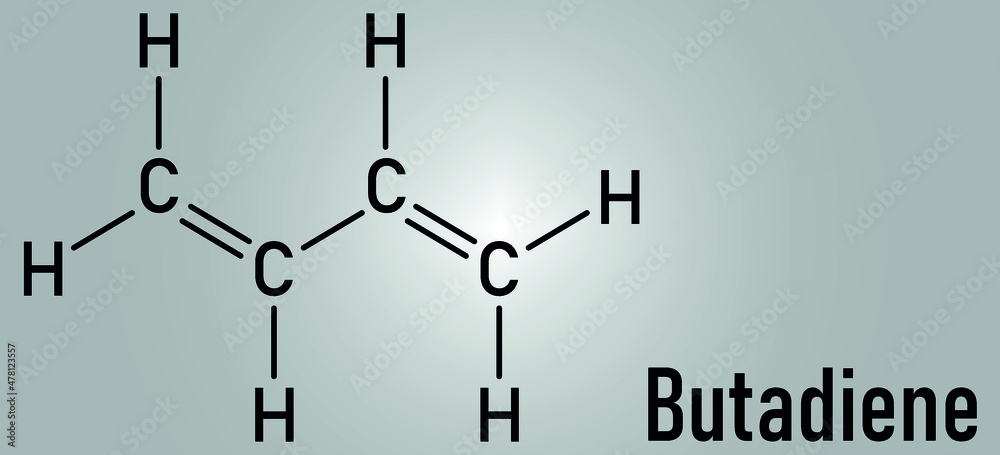 Butadiene or 1,3-butadiene synthetic rubber building block molecule. Used in synthesis of polybutadiene, ABS and other polymeric materials. Skeletal formula.