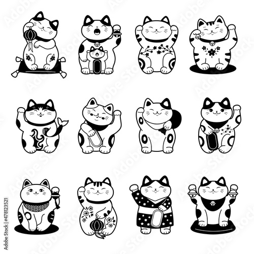 Asian cat. Stylized monochrome labels of maneki neko traditional asian animal of lucky and fortune recent vector pictures isolated photo