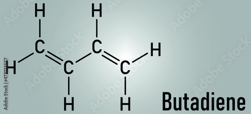 Butadiene or 1,3-butadiene synthetic rubber building block molecule. Used in synthesis of polybutadiene, ABS and other polymeric materials. Skeletal formula.