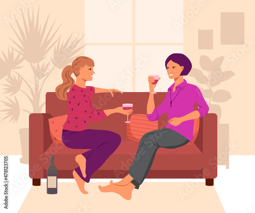 Two girls are sitting on the couch and talking. Young women drink wine and laugh. Meeting friends. Window and silhouettes of potted flowers in the background. Vector illustration in flat style.