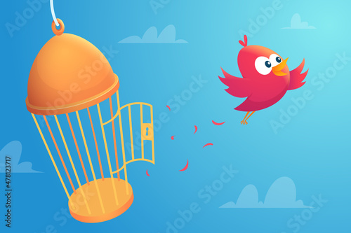 Birds freedom. Cute little flying birds go away from cage opening locked way concept escape prisoner exact vector cartoon background