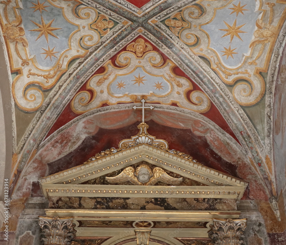 Obraz premium Santa Cecilia in Trastevere Basilica Interior Close Up with Fresco and Sculpted Details in Rome, Italy