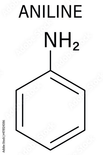 Aniline molecule. Also known as phenylamine, aminobenzene. Skeletal formula.