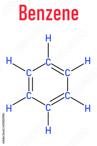 Benzene or Cyclohexatriene aromatic hydrocarbon molecule. Important in petrochemistry, component of gasoline. Skeletal formula.