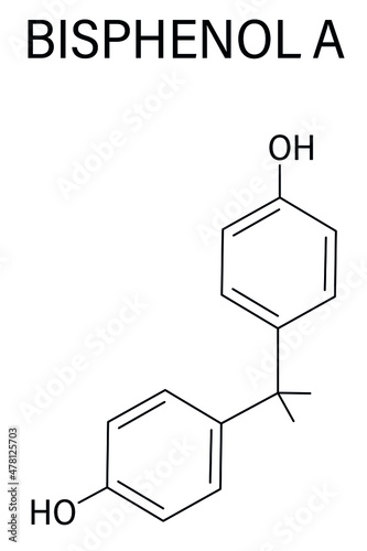 Bisphenol A or BPA plastic pollutant molecule. Chemical often present in polycarbonate plastics, has estrogen disrupting effects. Skeletal formula.