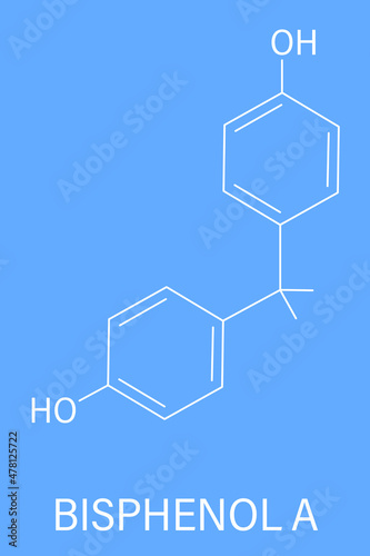 Bisphenol A or BPA plastic pollutant molecule. Chemical often present in polycarbonate plastics, has estrogen disrupting effects. Skeletal formula.