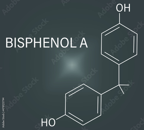 Bisphenol A or BPA plastic pollutant molecule. Chemical often present in polycarbonate plastics, has estrogen disrupting effects. Skeletal formula.