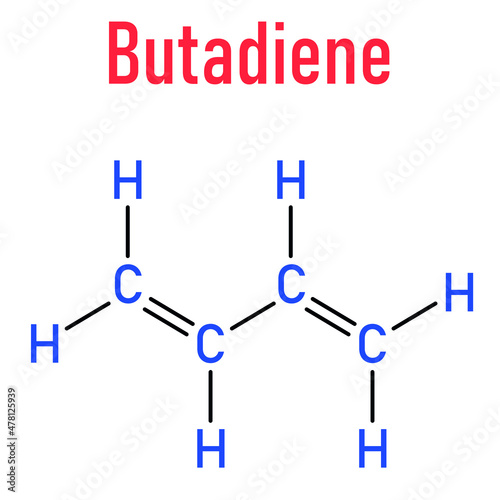 Butadiene or 1,3-butadiene synthetic rubber building block molecule. Used in synthesis of polybutadiene, ABS and other polymeric materials. Skeletal formula.