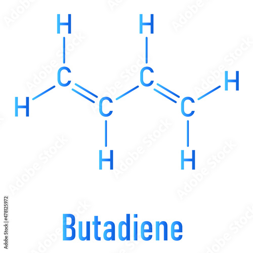 Butadiene or 1,3-butadiene synthetic rubber building block molecule. Used in synthesis of polybutadiene, ABS and other polymeric materials. Skeletal formula.