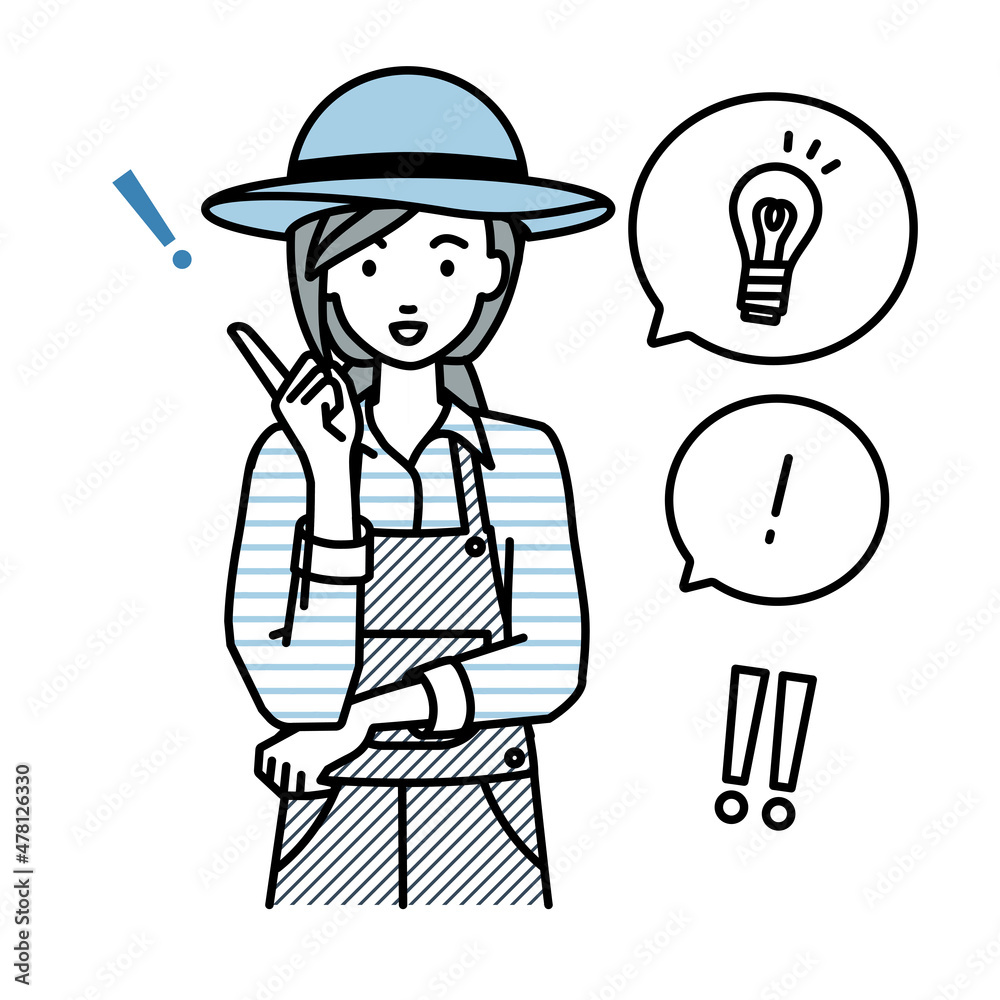 立って素晴らしいアイデアをひらめいた農家の女性 フキダシに電球と感嘆符のセット