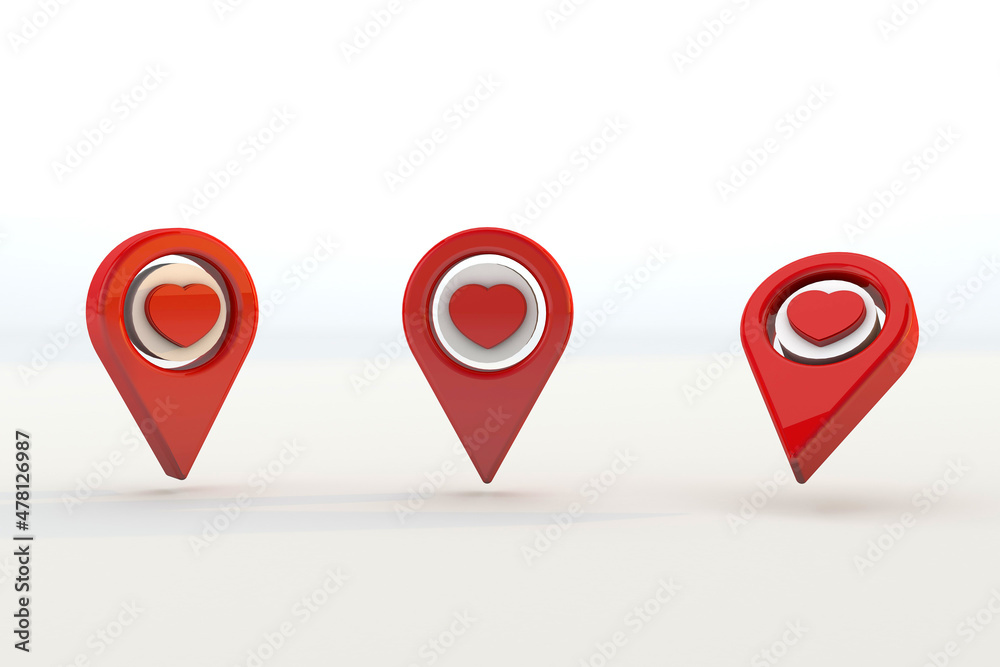 Map pointer with heart love concept  for valentines day. 3d render