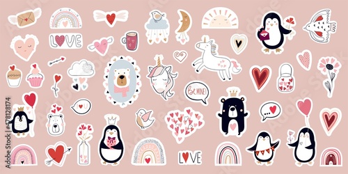 Valentine s Day stickers collection with different seasonal elements  items set for kids  textile clothes and scrapbook  doodle illustrations 