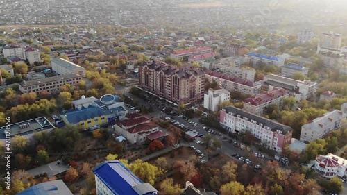 aerial view of the residential areas of the city at sunset