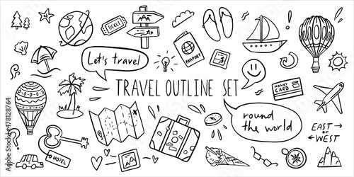 World tour outline doodle set. Drawing line vector sketches. 
