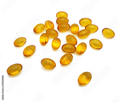 Cod liver oil omega 3 gel capsules isolated on white background