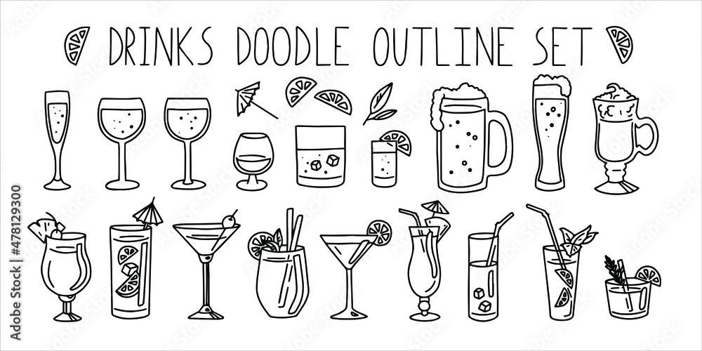 Outline set of bar drinks. doodle simple style. Vector drink  - obrazy, fototapety, plakaty 