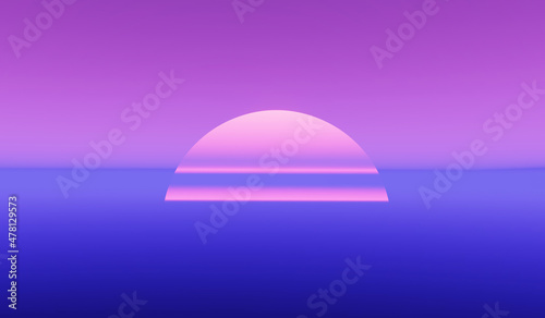 Abstract sun setting over sea, evening sunset background, 3d illustration