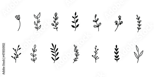 Floral elements set flowers leaves simple outline style Premium Vector
