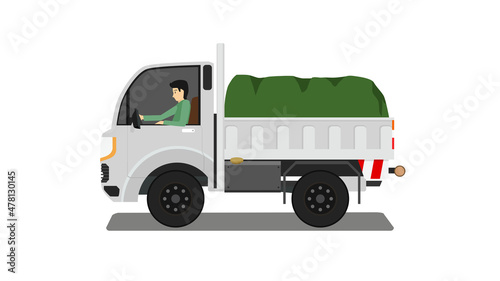 Object transpot of mini truck car. With driving man. There was a canvas covering the things on the pickup truck. On isolated white background.