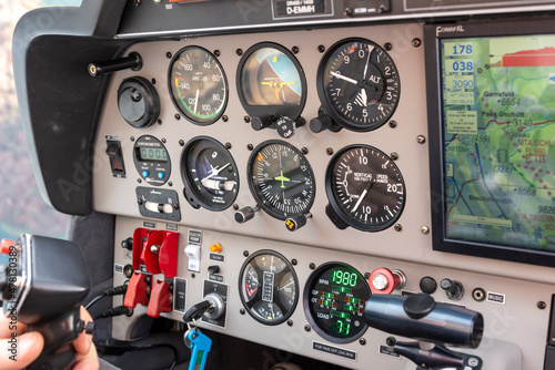 Photos Cockpit interior instruments of a Robin DR-400 plane