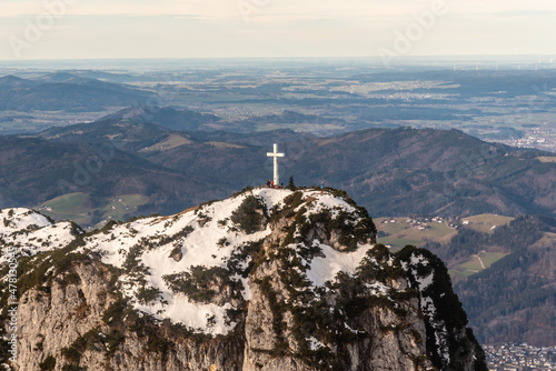 Fototapeta Naklejka Na Ścianę i Meble -  Summit cross of mount Traunstein 1691m in Gmunden Austria
