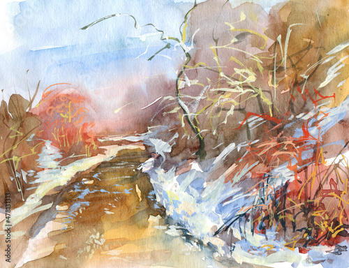 Fototapeta Naklejka Na Ścianę i Meble -  Watercolor winter landscape