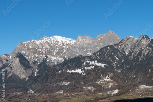 Landquart, Switzerland, December 19, 2021 Mountain scenery on a sunny day photo