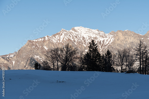 Saint Margrethenberg, Switzerland, December 19, 2021 Incredible mountain panorama on a sunny day photo