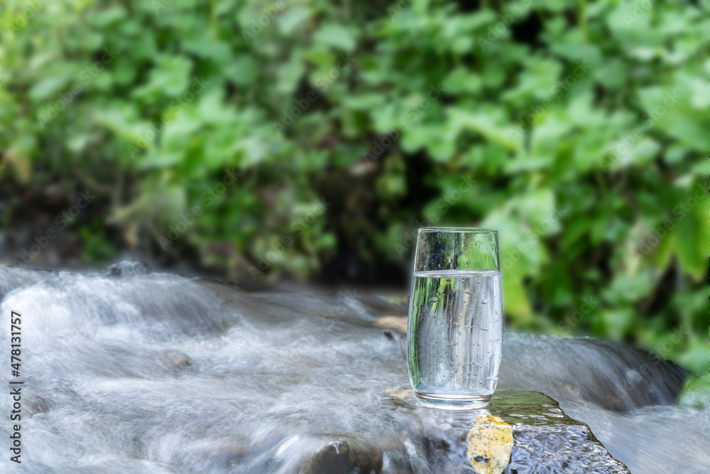 a glass of clean transparent drinking water in a transparent glass on a stone in a green forest near a stream or mountain spring. healthy food and diet, beautiful background