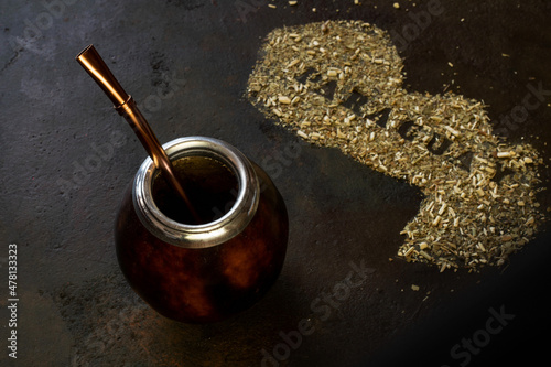 yerba mate in gourd matero with shape of paraguay made by yerba mate